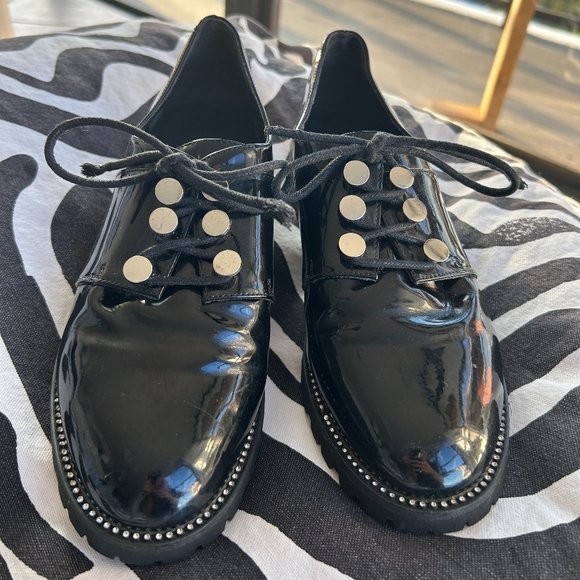 Josiny Shiny Black Oxford Shoes with Rhinestones - Picture 1 of 8